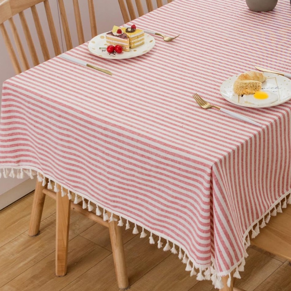 Red and White Striped Tablecloth with Tassels